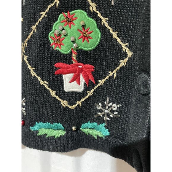 OHI Vintage Black Christmas Holiday Knit Cardigan Sweater Embroidered Beaded - Picture 11 of 13